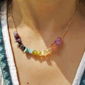 NIB Multicolor Gemstone Crystal Chip Necklace Rainbow Stone Boho Beaded Necklace